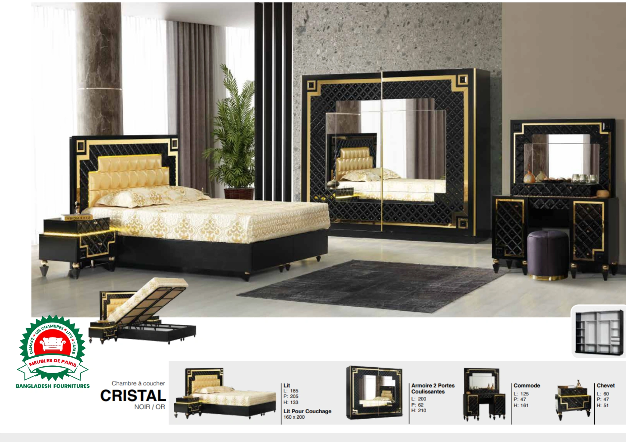 Chambre a Coucher CRISTAL Noir Dore
