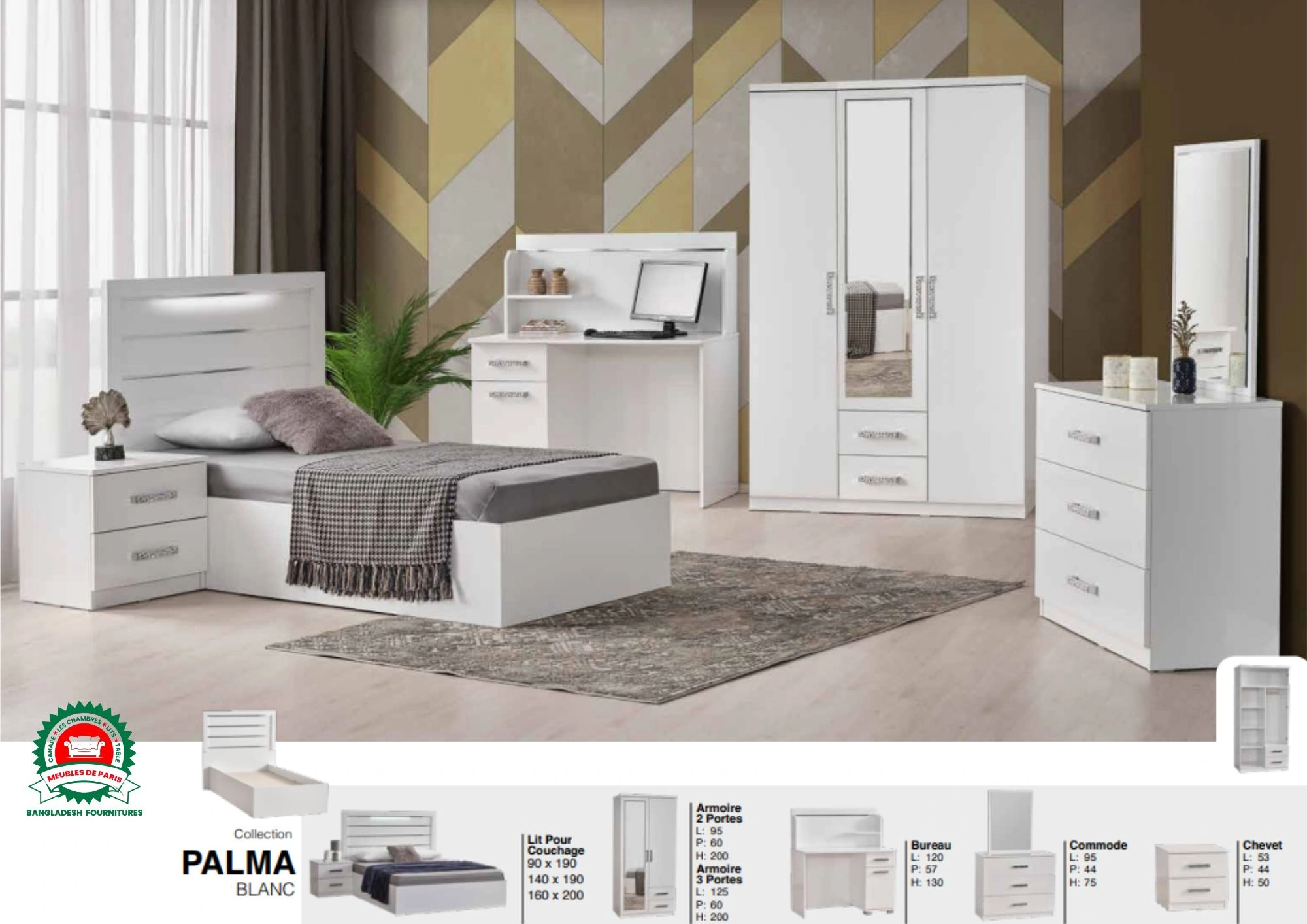 Chambre a Coucher PALMA Blanc 90