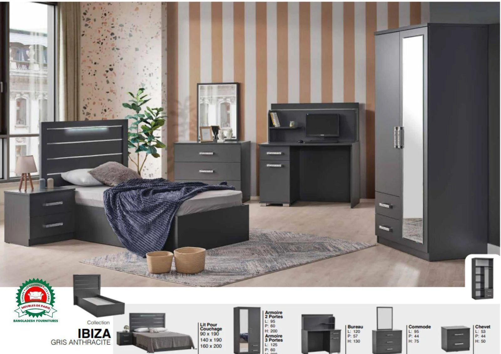 Chambre a Coucher IBIZA Gris 90