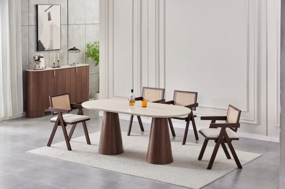 TABLE A MANGER ICONIC CERAMIQUE NOYER TRAVERTIN 180CM
