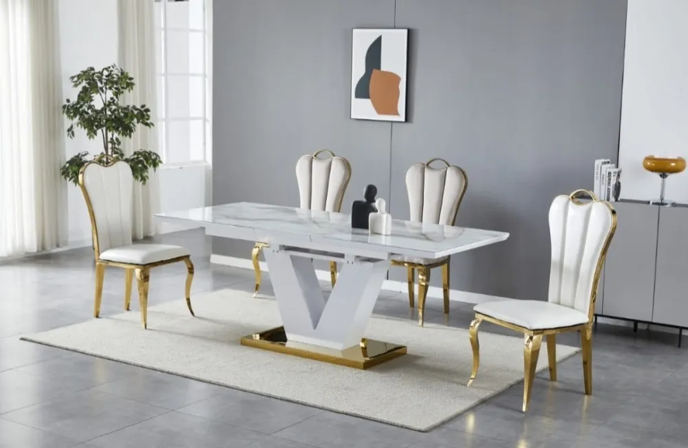 TABLE A RALLONGE V EFFET MARBRE BEIGE DORE