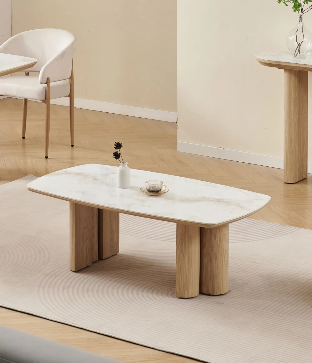 TABLE BASSE TRINITY CÉRAMIQUE HÊTRE MARBRE BEIGE 120 NOYER