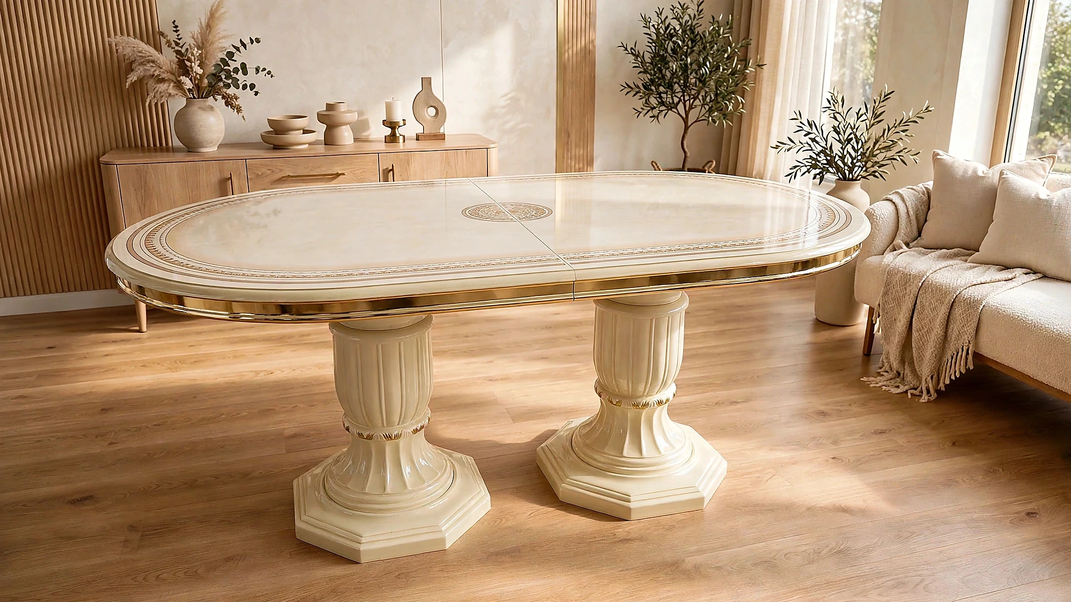 Table A Manger GRETA Beige OVAL Extensible BOIS